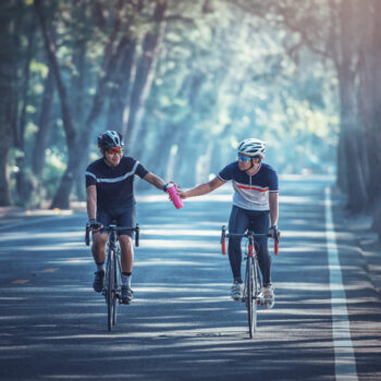 Asian Men Are Cycling Road Bike Morning Share Out Water Each Other 350x350