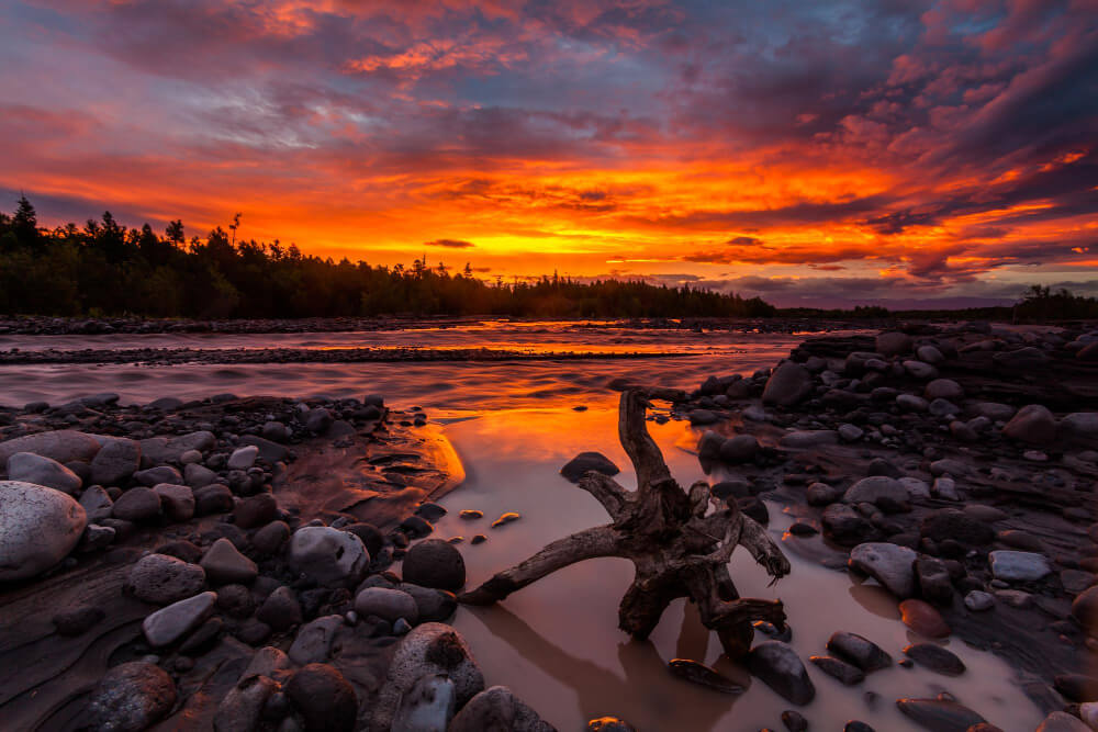 Beautiful Sunset Mountain River Summer